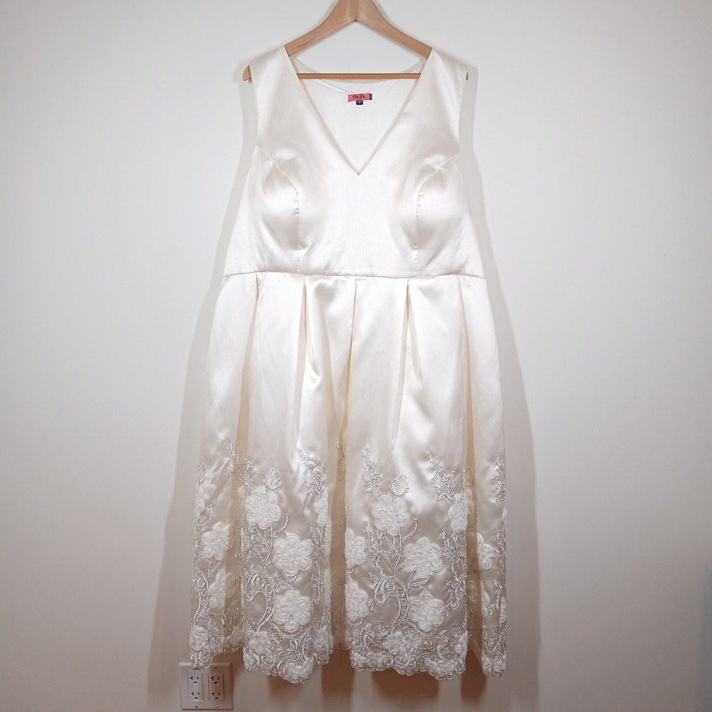 Chi Chi London Ivory Satin Midi Dress with Floral Lace Hem
